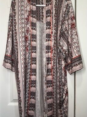 La Vie en Rose Women's Bohemian Striped Open-Front Kimono Robe Pink/Black Large